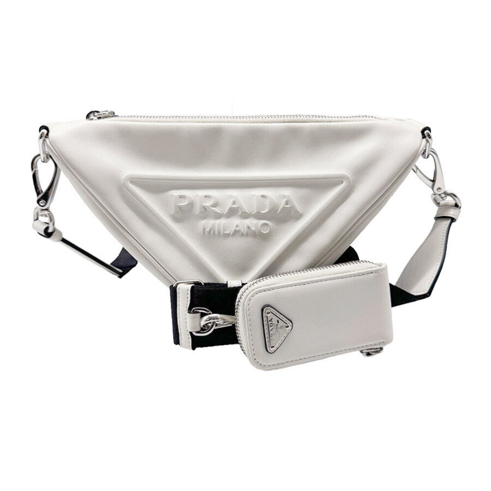 Prada Triangle Shoulder Bag Leather Canvas Off White Black Silver